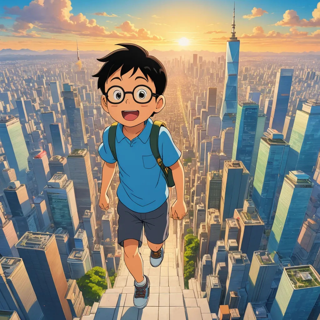 a boy with glasses is walking in a city with skyscrapers and buildings in the background, with a backpack on his back, dau-al-set, poster art, Akira Toriyama, anime key visual