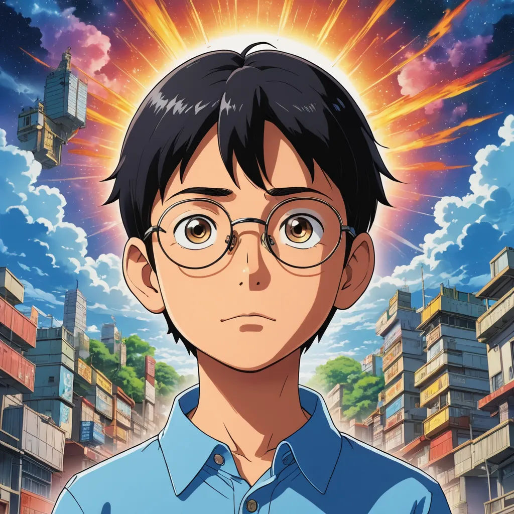 a man with glasses and a blue shirt in front of a cityscape with a bright sun in the background, rayonism, poster art, Adam Manyoki, anime key visual