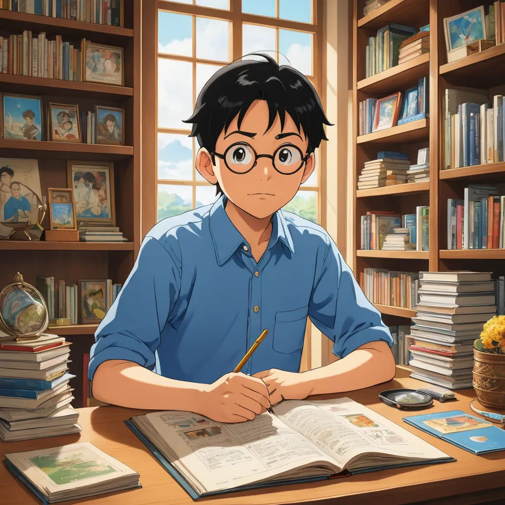 a man sitting at a desk with a book and pen in front of him and a bookcase full of books behind him, remodernism, a character portrait, Aguri Uchida, official art