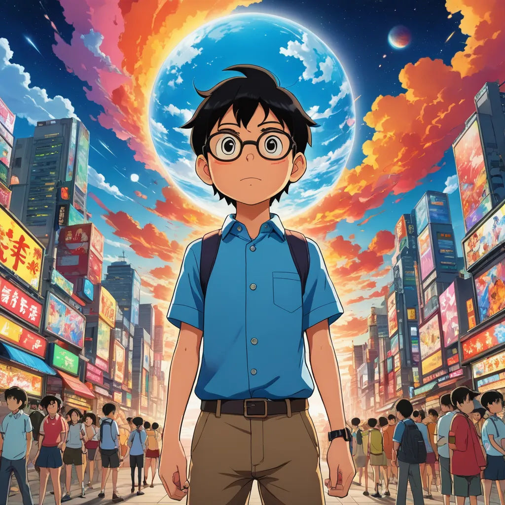 a man standing in front of a crowd of people in a city with a sky background and a blue sky, dau-al-set, poster art, Asaf Hanuka, anime key visual