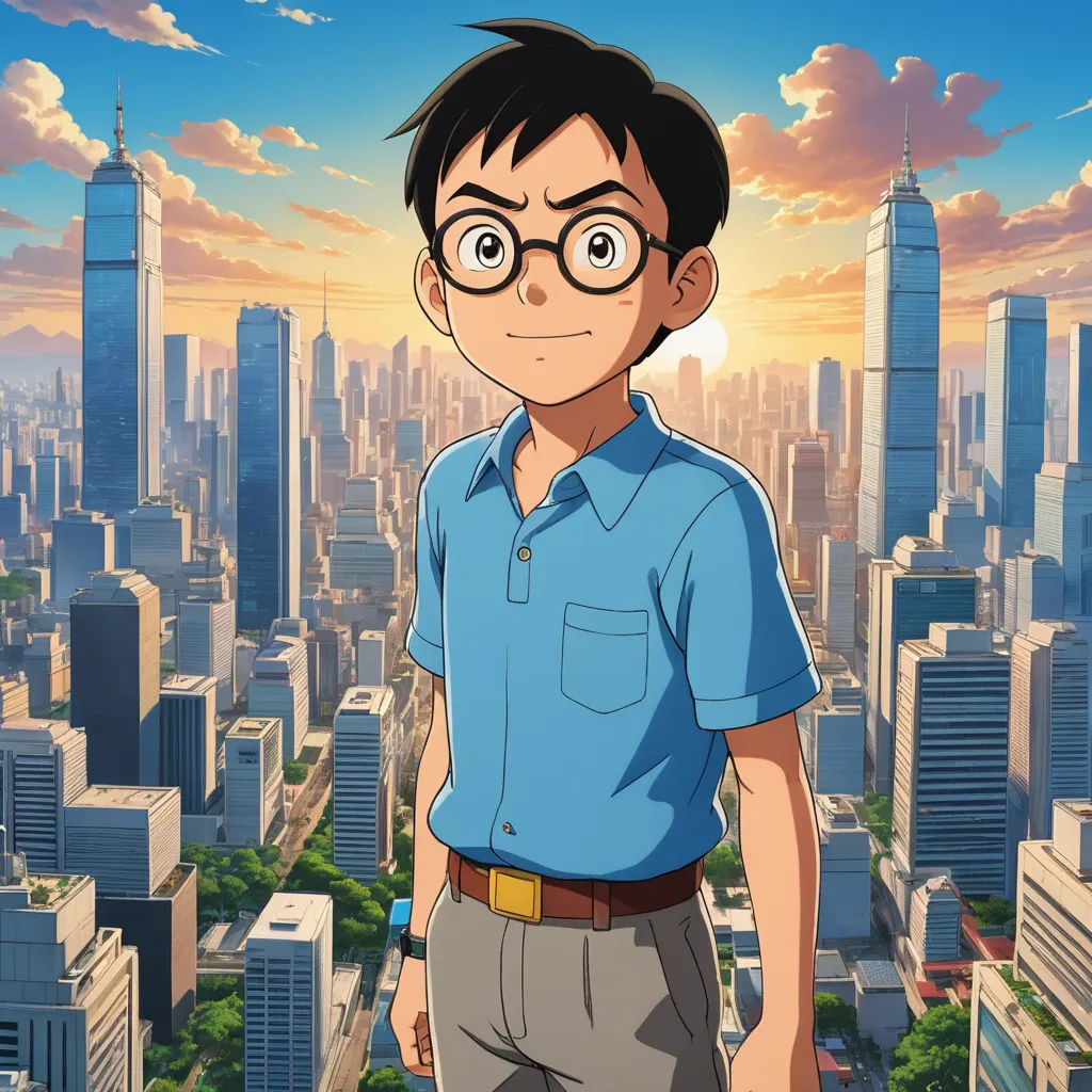 a man in a blue shirt and glasses standing in front of a cityscape with skyscrapers and a sunset, dau-al-set, a character portrait, Adam Manyoki, yukito kishiro