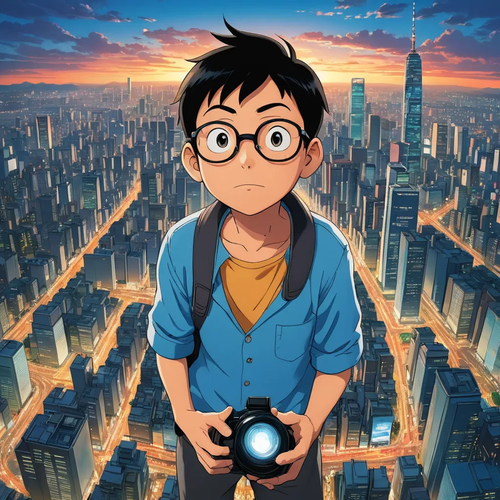 a man with glasses and a backpack standing in front of a cityscape with a camera in his hands, photorealism, a character portrait, Adam Manyoki, yukito kishiro