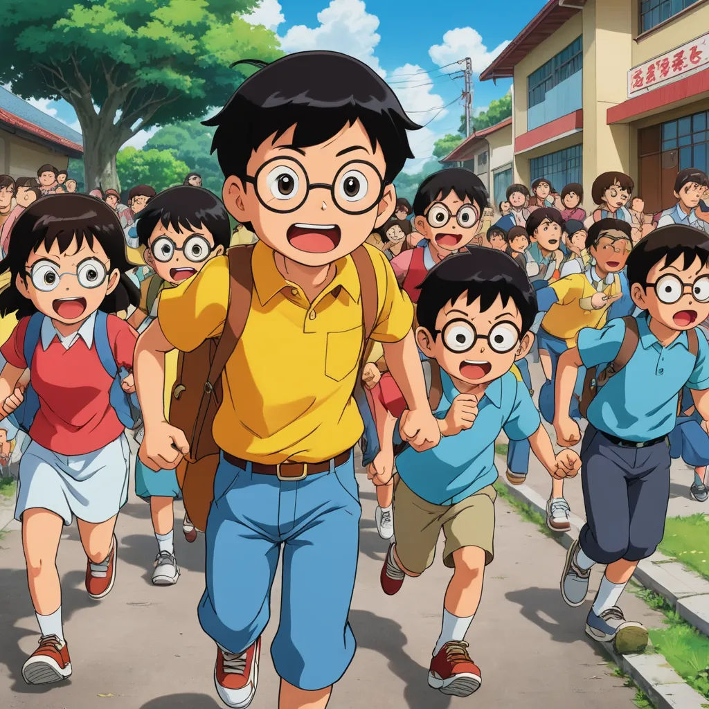 a man walking down a street with a bunch of kids behind him and a bunch of people behind him, rayonism, a detailed drawing, Akira Toriyama, official art