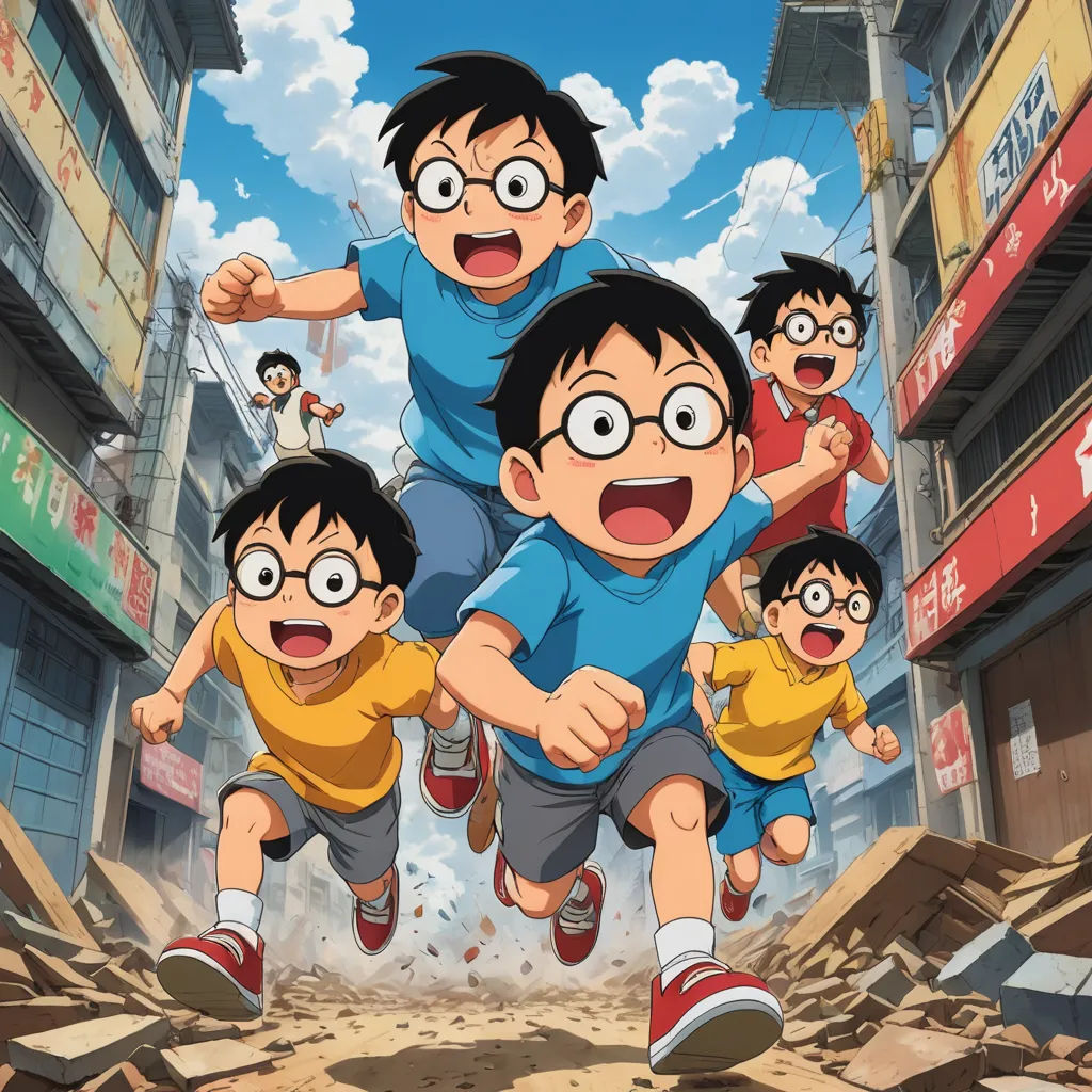 a group of children running through a city street with a sky background and a cartoon character in the middle of the image, rayonism, a screenshot, Baiōken Eishun, official art