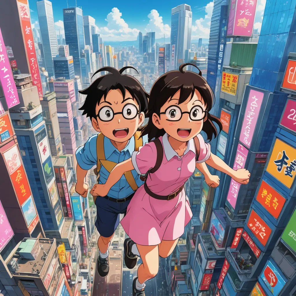a couple of people flying through the air over a cityscape with tall buildings and signs in the background, serial art, a detailed matte painting, Aya Goda, anime key visual