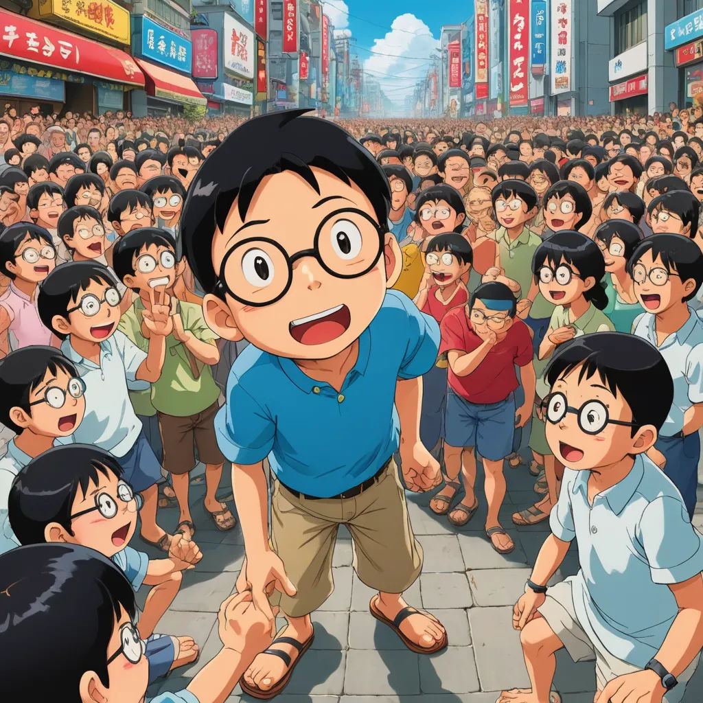 a cartoon of a man standing in front of a crowd of people with glasses on his face and a surprised look on his face, lyco art, a manga drawing, Adam Manyoki, yukito kishiro