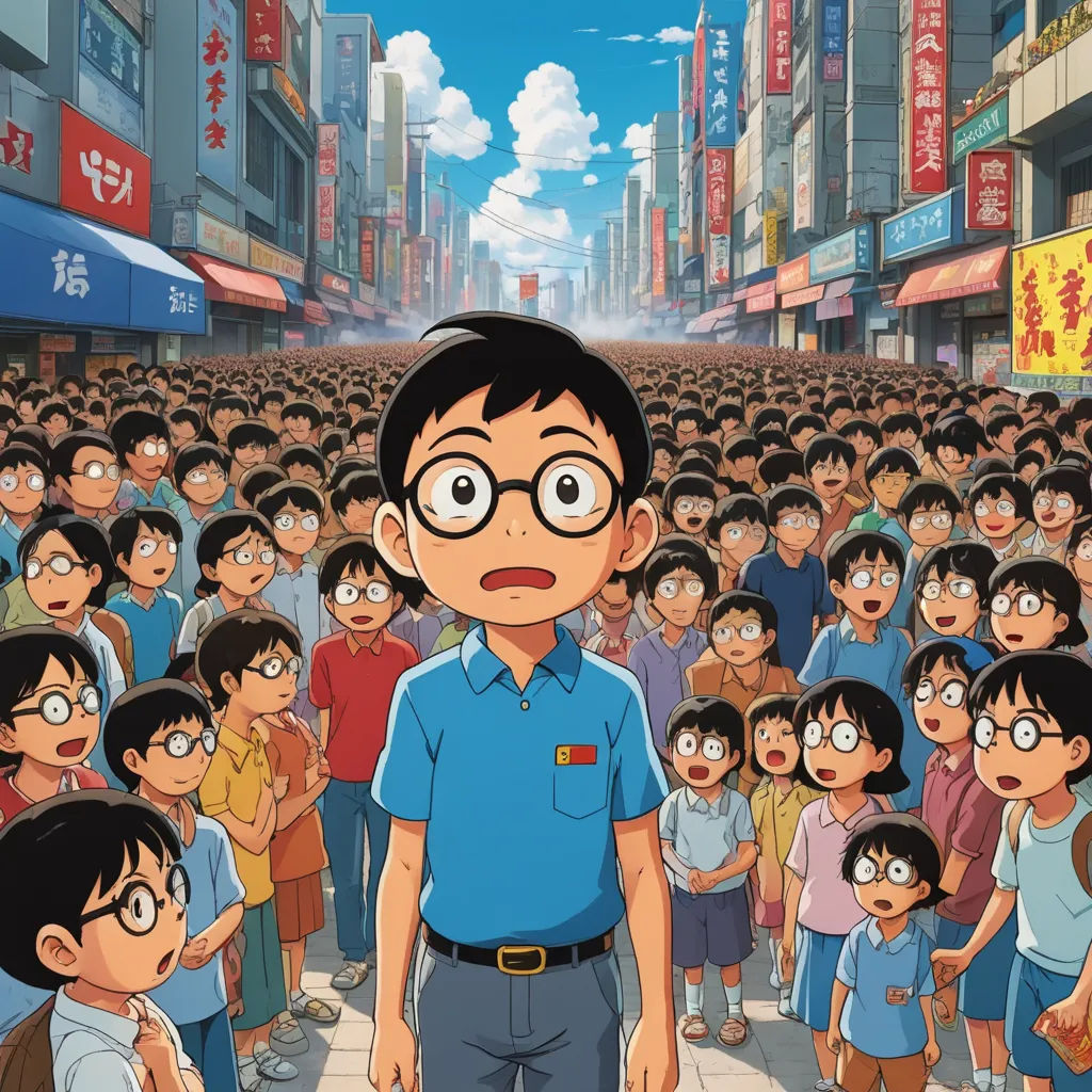 a man standing in front of a crowd of people in a city with tall buildings and a sky background, lyco art, a manga drawing, An Gyeon, yukito kishiro