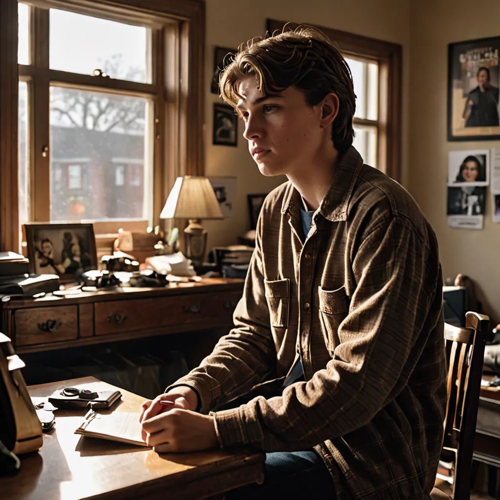 a young man sitting at a desk in front of a window with a phone and a lamp on it, private press, a character portrait, David Budd, movie still
