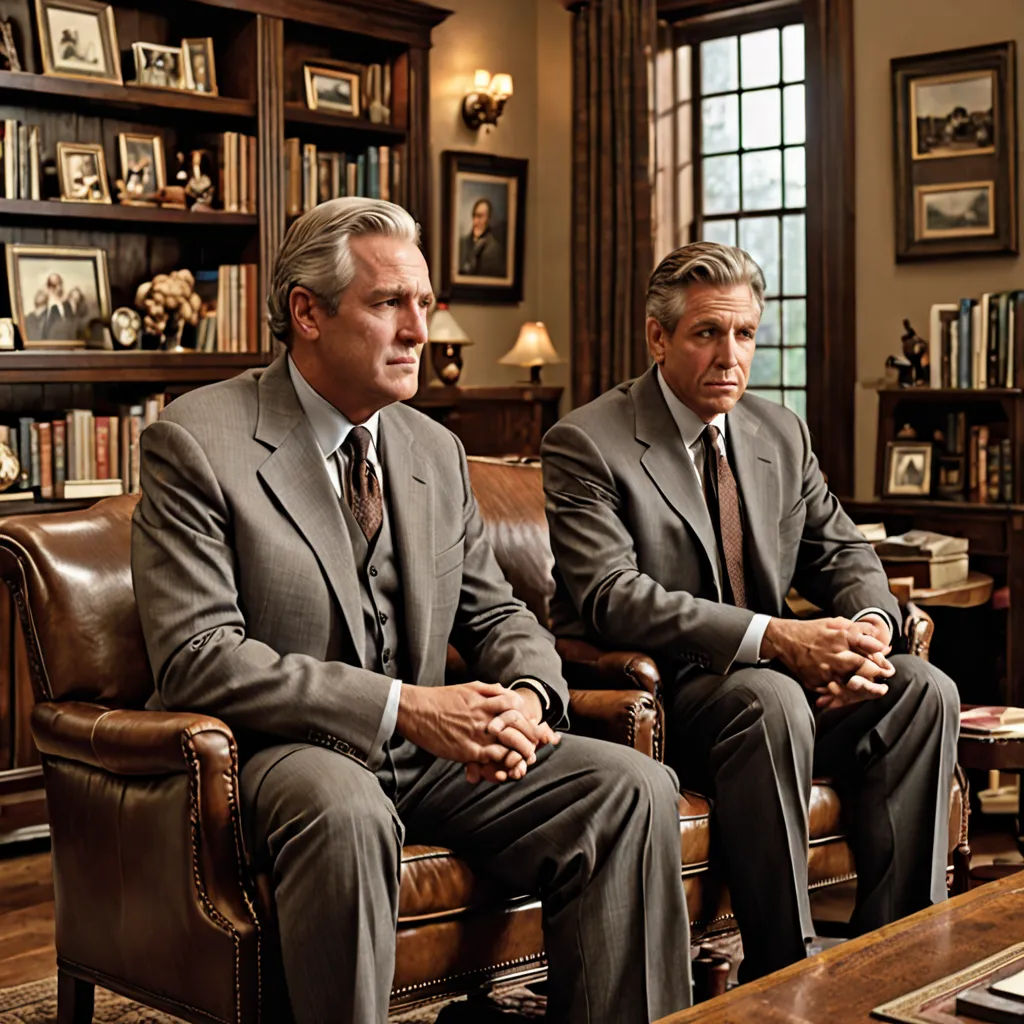two men in suits sitting in a living room together, one is looking at the camera and the other is looking at the camera, american realism, a colorized photo, Charles Mahoney, movie still