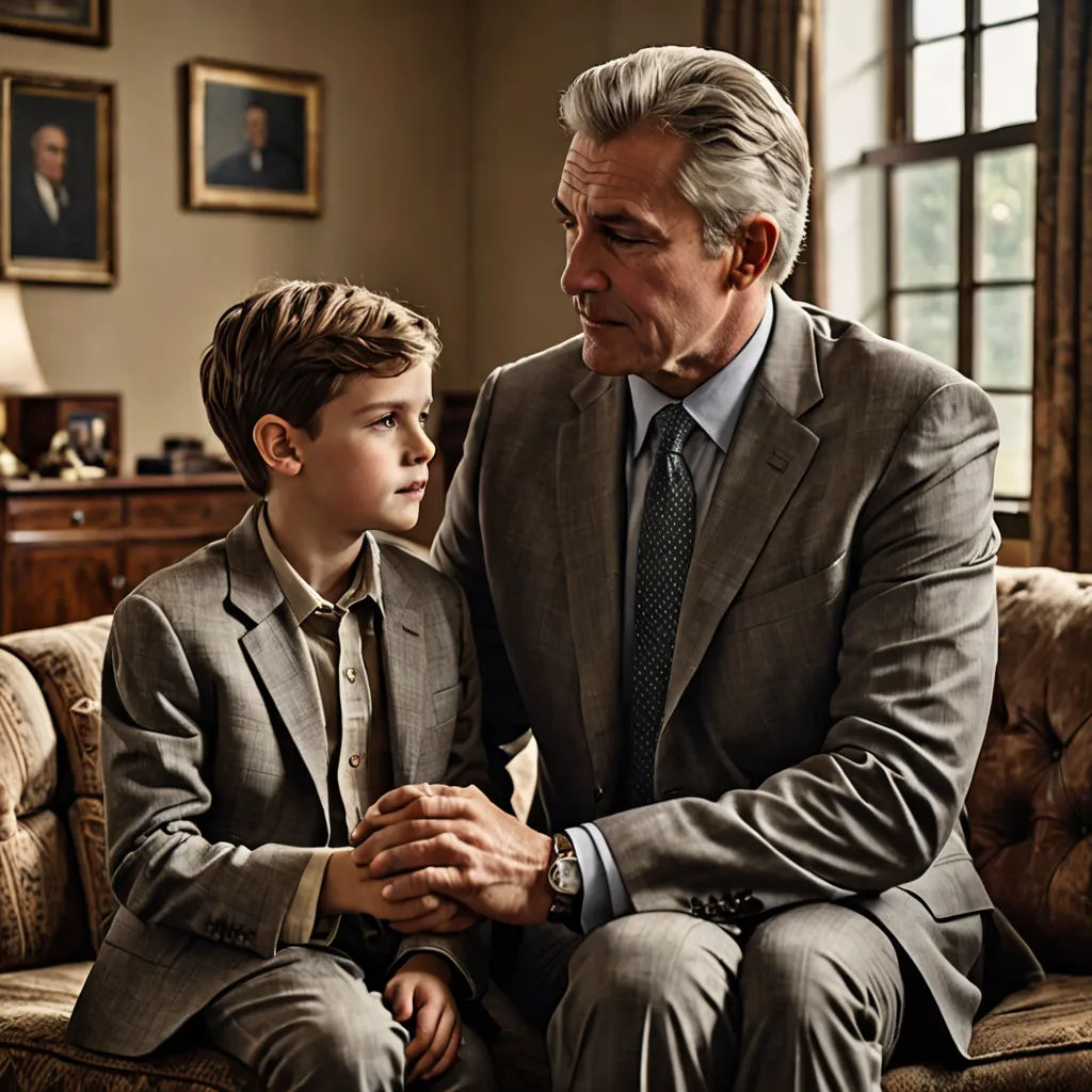 a man and a boy sitting on a couch in a room with a window and a lamp on the wall, american realism, a poster, Elizabeth Forbes, promotional image