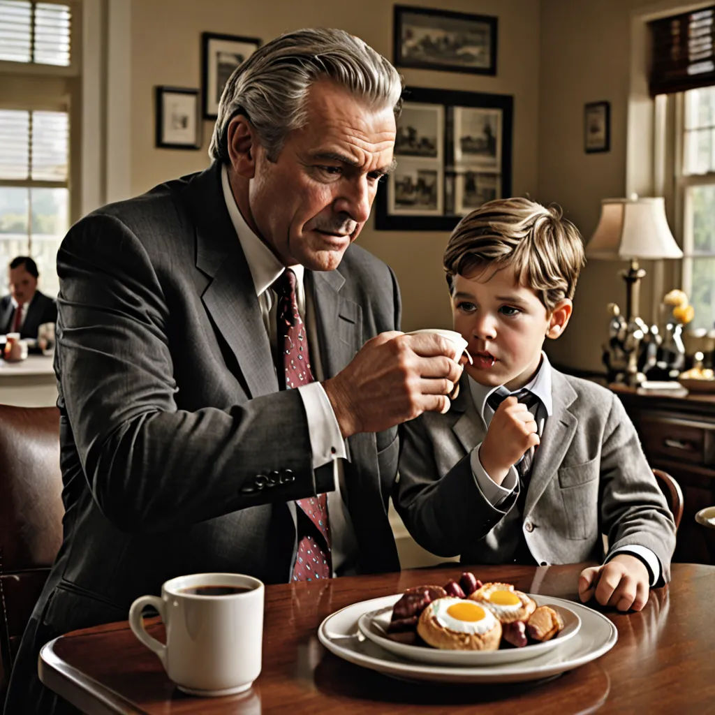 a man and a boy sitting at a table eating food and drinking coffee together, with a man in a suit and tie, american realism, a storybook illustration, Annie Leibovitz, cinematic photography
