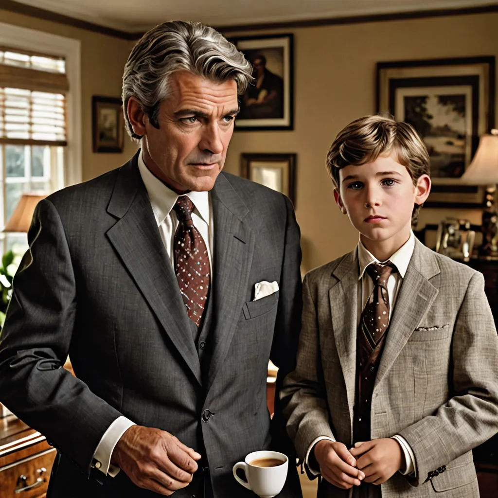 a man and a boy in suits standing next to each other in a living room with a coffee cup, american realism, a colorized photo, Christopher Perkins, promotional image