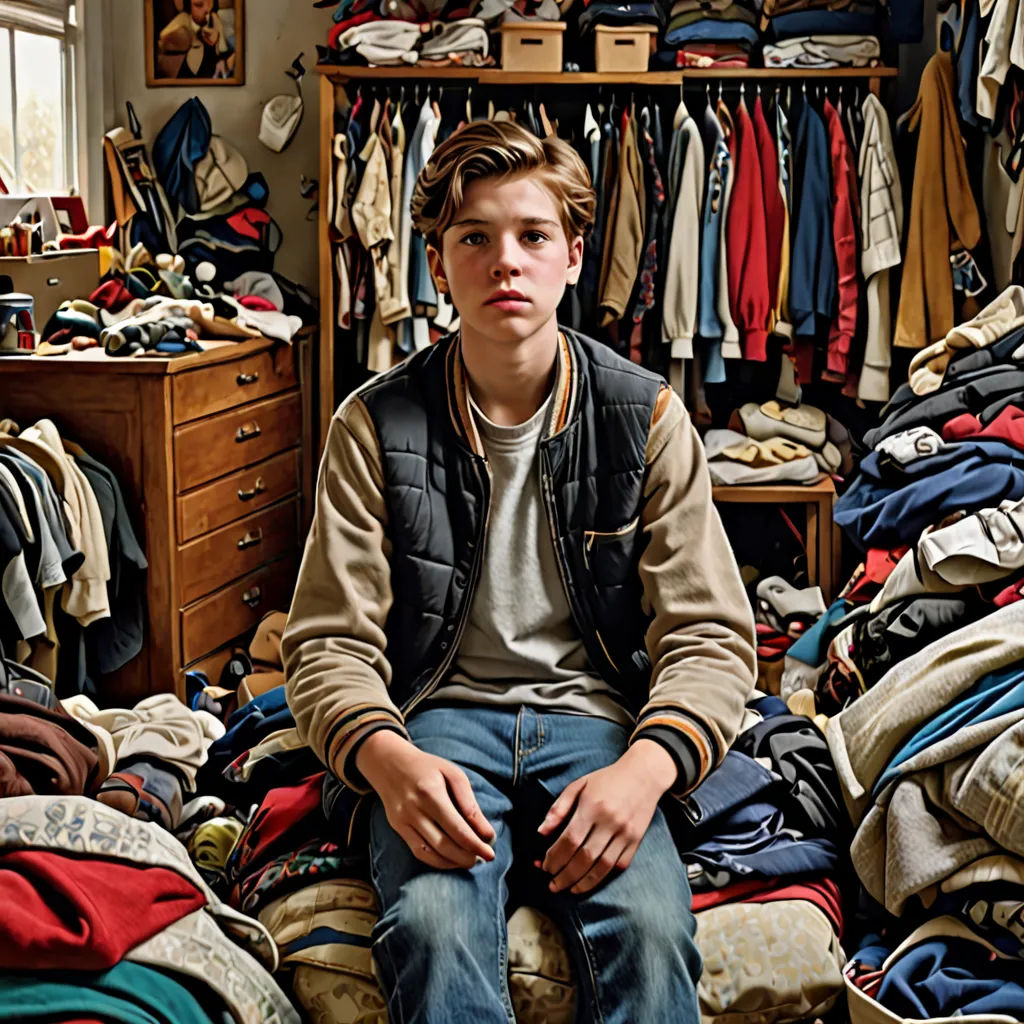 a boy sitting on a bed in a room full of clothes and a dresser with a mirror on it, postminimalism, a character portrait, Ben Thompson, maximalist