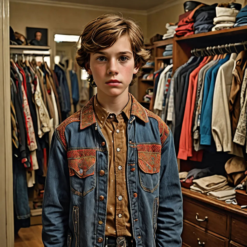 a boy standing in a closet with a shirt on and a tie on his shirt rack and a shirt hanging on a rail, american barbizon school, a character portrait, Adam Rex, promotional image