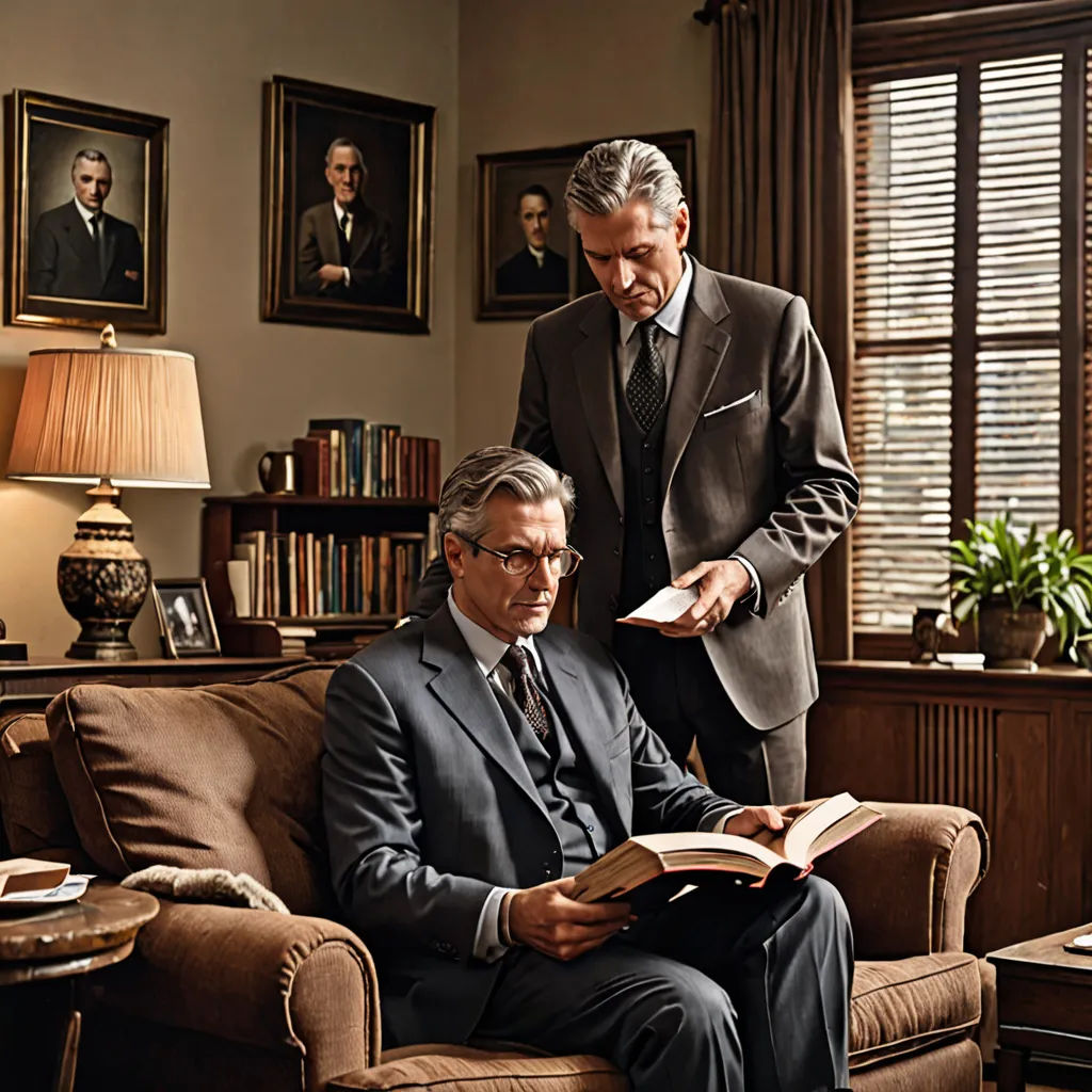 a man in a suit and tie reading a book while another man in a suit looks on from a couch, arts and crafts movement, a colorized photo, Brothers Hildebrandt, promotional image