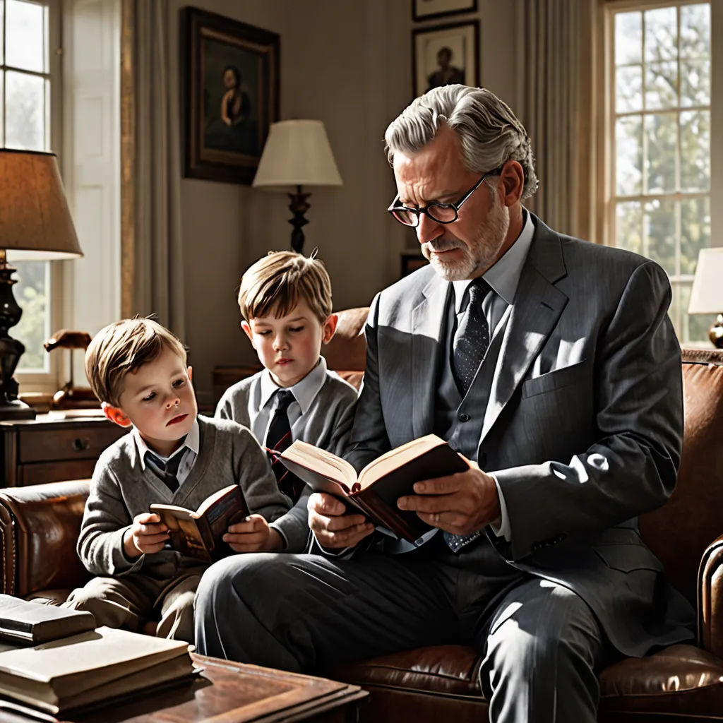 a man sitting on a couch reading a book to two boys in a living room with a lamp on, heidelberg school, a storybook illustration, Christian Hilfgott Brand, storybook illustration
