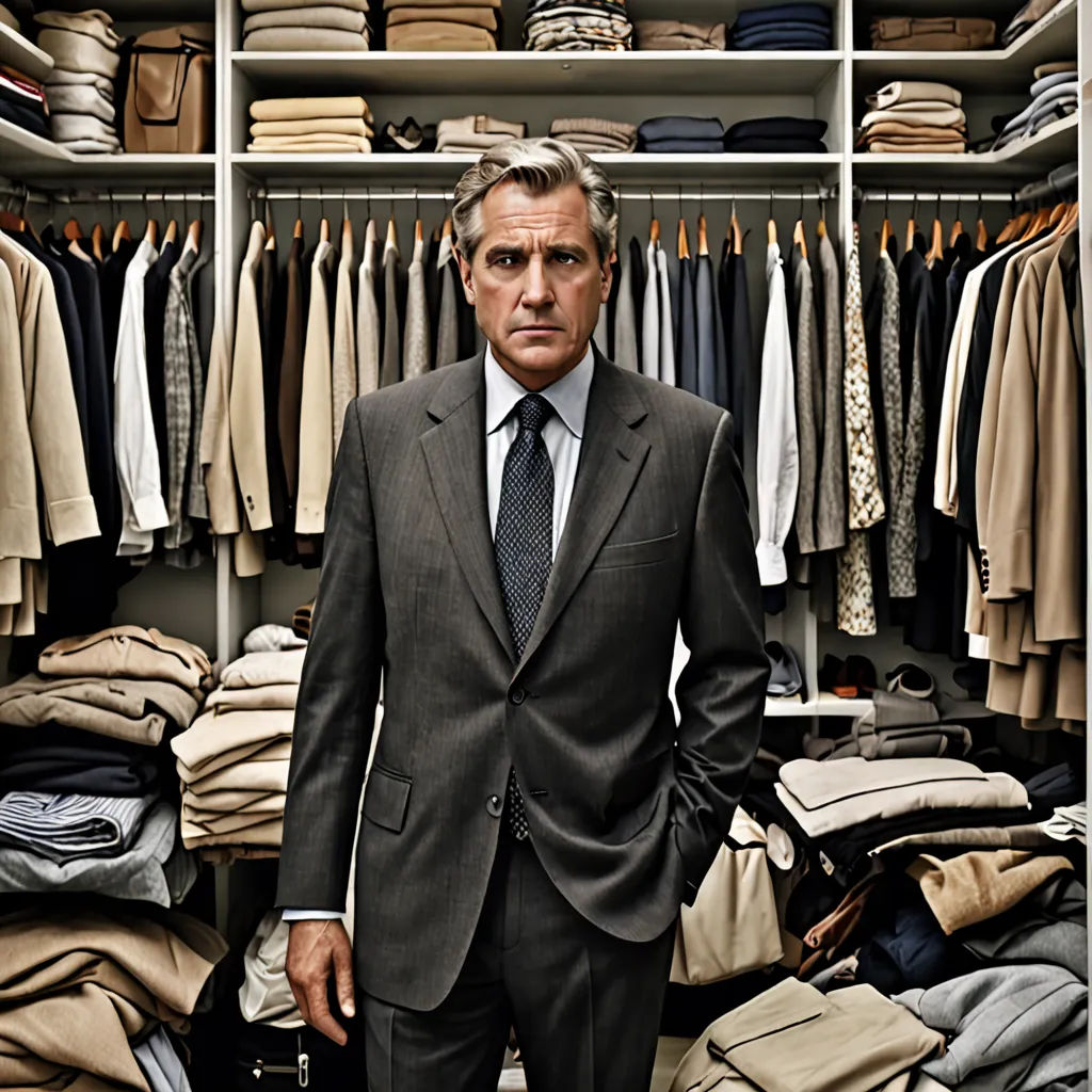 a man in a suit standing in front of a closet full of clothes and a suit case with a suit on it, maximalism, a character portrait, Alan Sutherland, maximalist