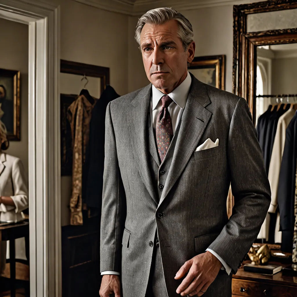 a man in a suit standing in front of a mirror in a dressing room with a mirror on the wall, arts and crafts movement, a character portrait, Christian Hilfgott Brand, j. c. leyendecker 8 k