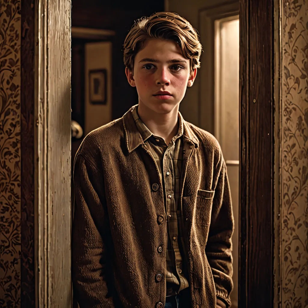 a young man standing in a doorway with his hands in his pockets and looking at the camera with a serious look on his face, arts and crafts movement, a character portrait, Armin Hansen, promotional image