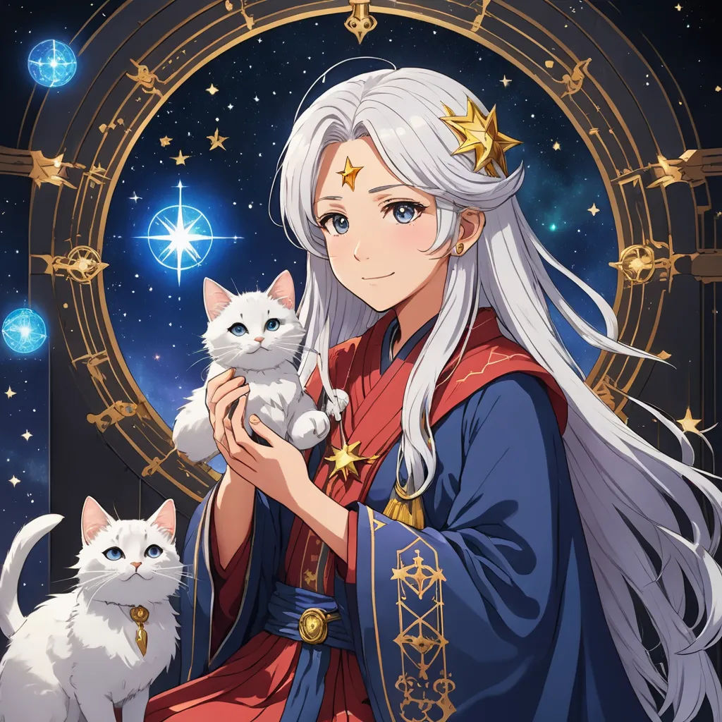 a woman holding a cat in front of a star filled sky with stars on it and a cat sitting on her lap, sots art, a character portrait, Anne Said, official art