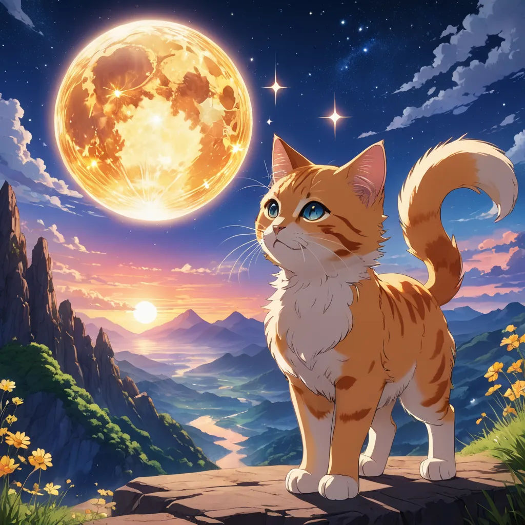 a cat standing on a rock looking at the moon in the sky above it, with mountains and flowers in the foreground, space art, poster art, Chris LaBrooy, official art