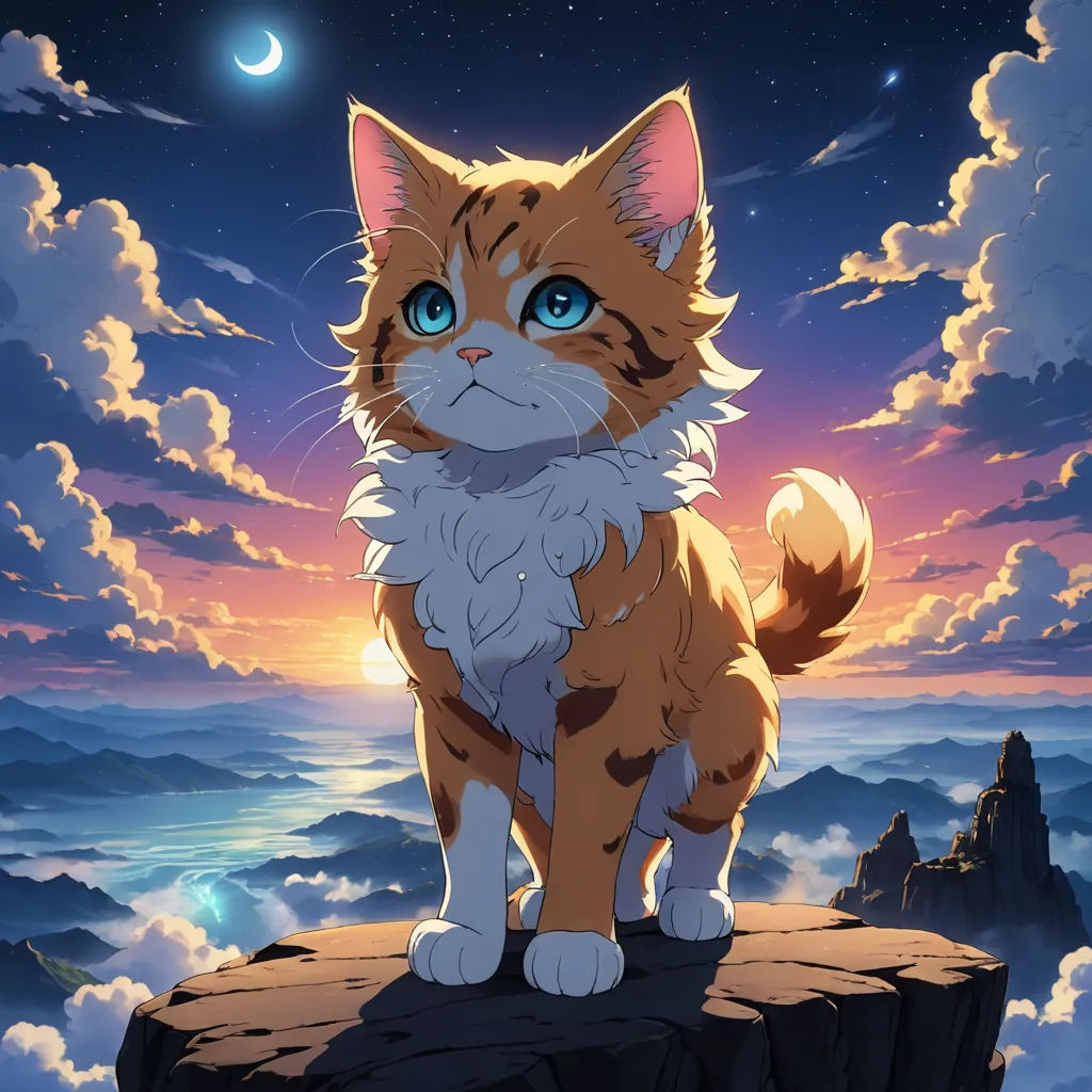 a cat sitting on a rock looking at the sky with a crescent moon in the background and clouds in the foreground, sots art, a character portrait, Carlos Catasse, official art