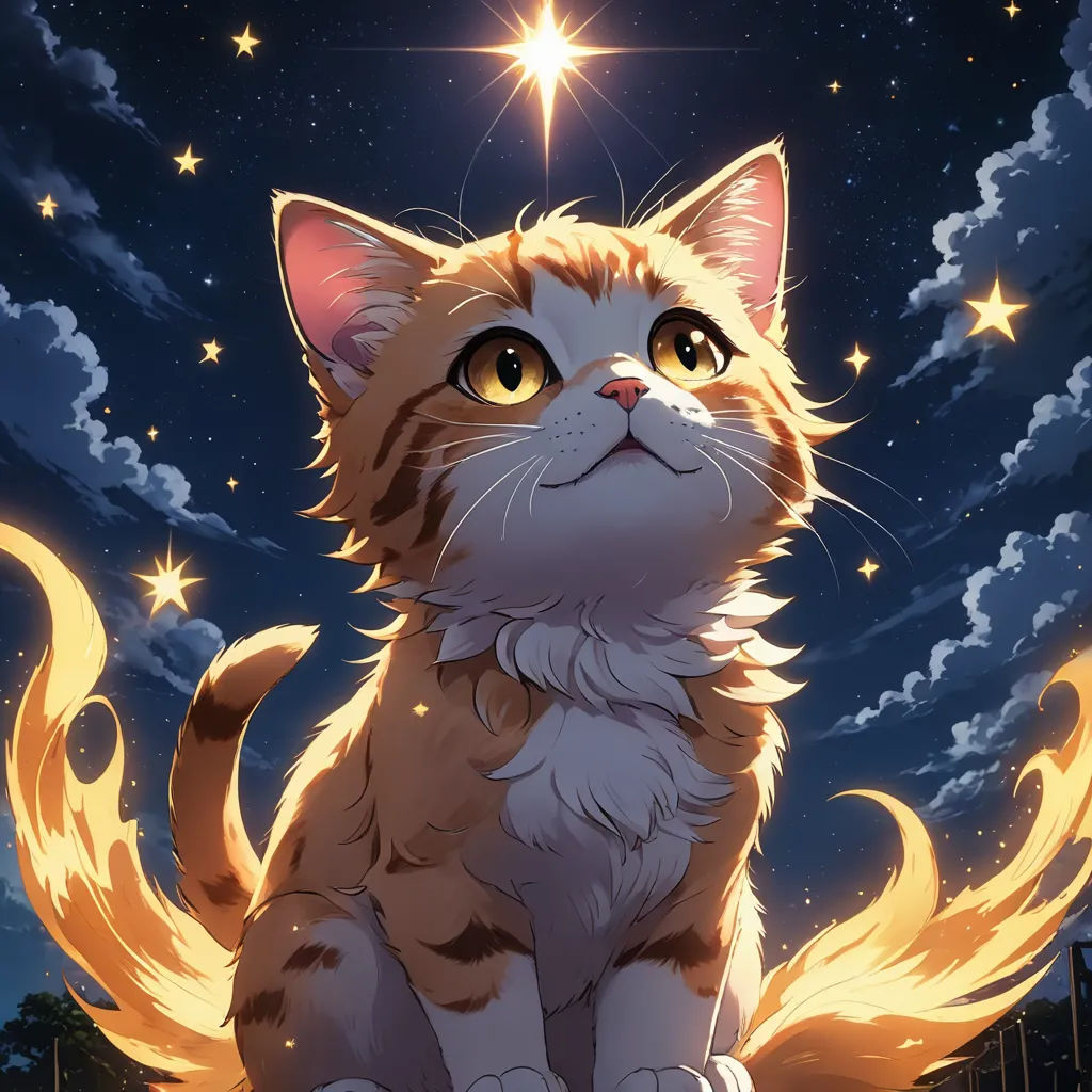 a cat sitting on a ledge with a star above it and a night sky behind it, with clouds and stars, space art, a detailed painting, Aya Goda, official art