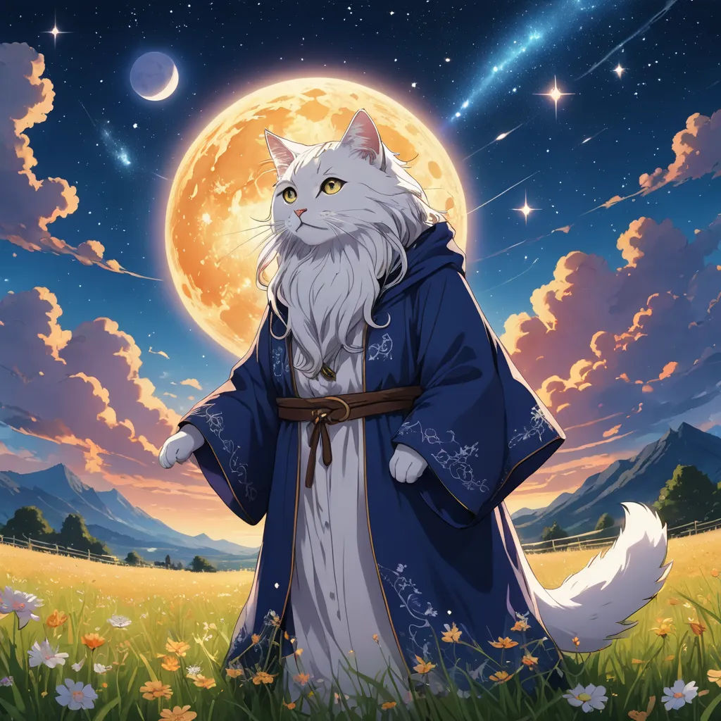a cat dressed in a blue robe standing in a field with a full moon in the background and stars in the sky, furry art, a character portrait, Chris LaBrooy, official art