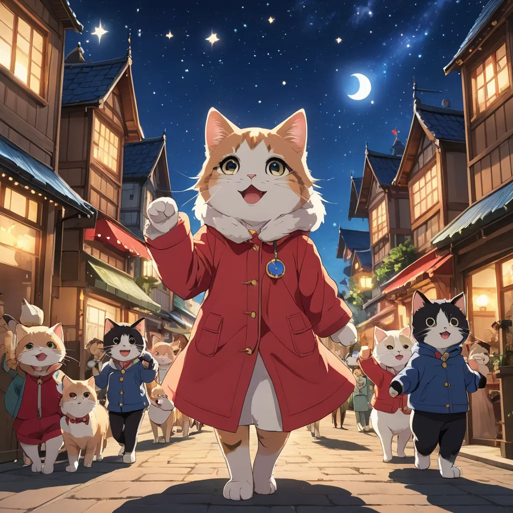 a cat in a red coat is walking down a street with other cats in the background and a full moon in the sky, furry art, concept art, Anne Said, official art
