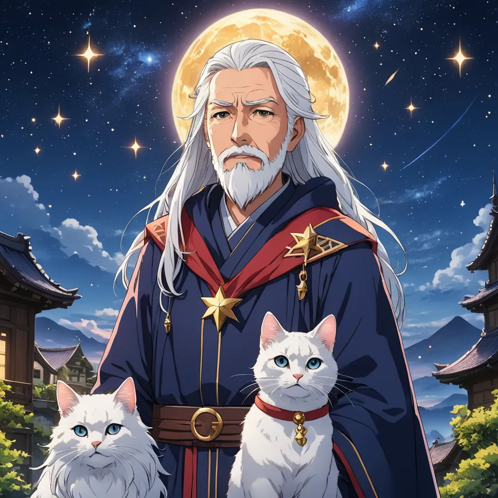 a man with a long white hair and a beard standing next to a cat in front of a full moon, rayonism, an album cover, Anne Said, official art
