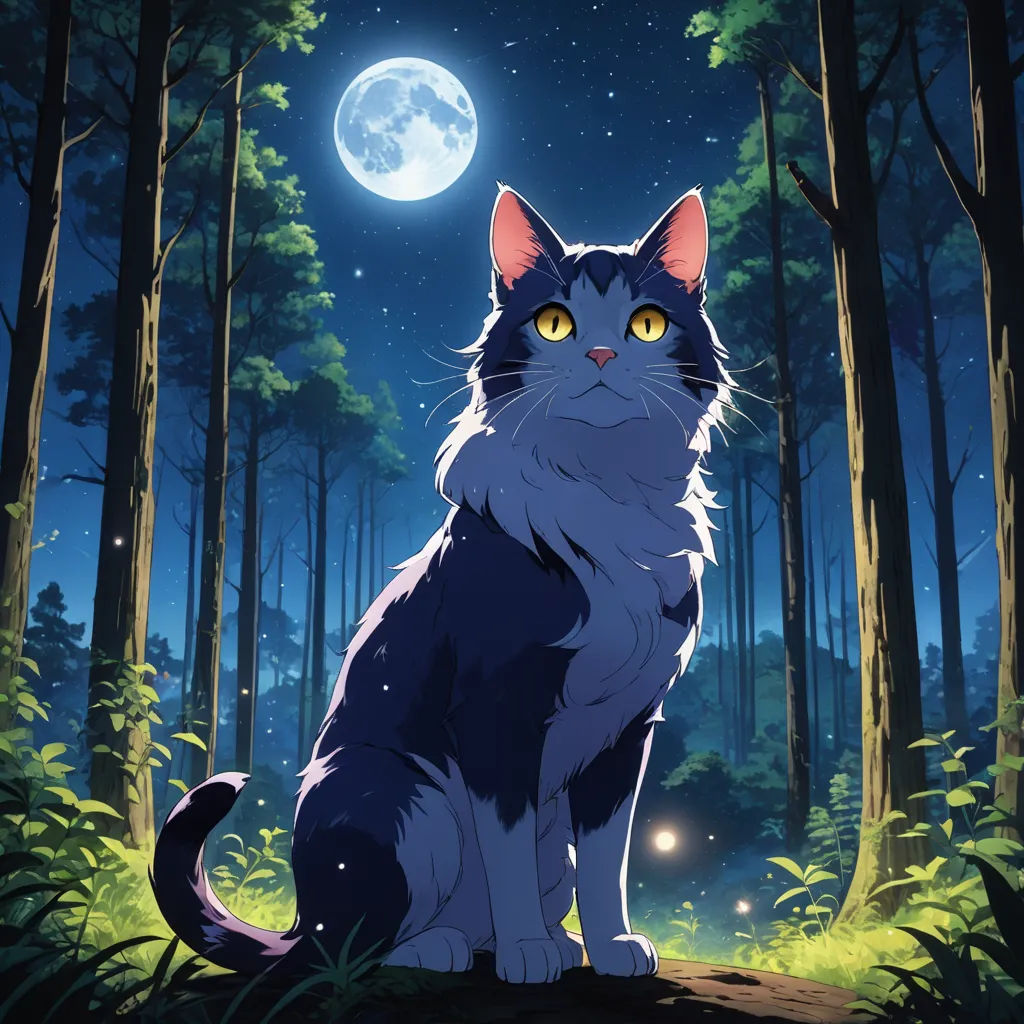a cat sitting in the woods at night with a full moon in the background and trees and grass around it, furry art, poster art, artist, official art