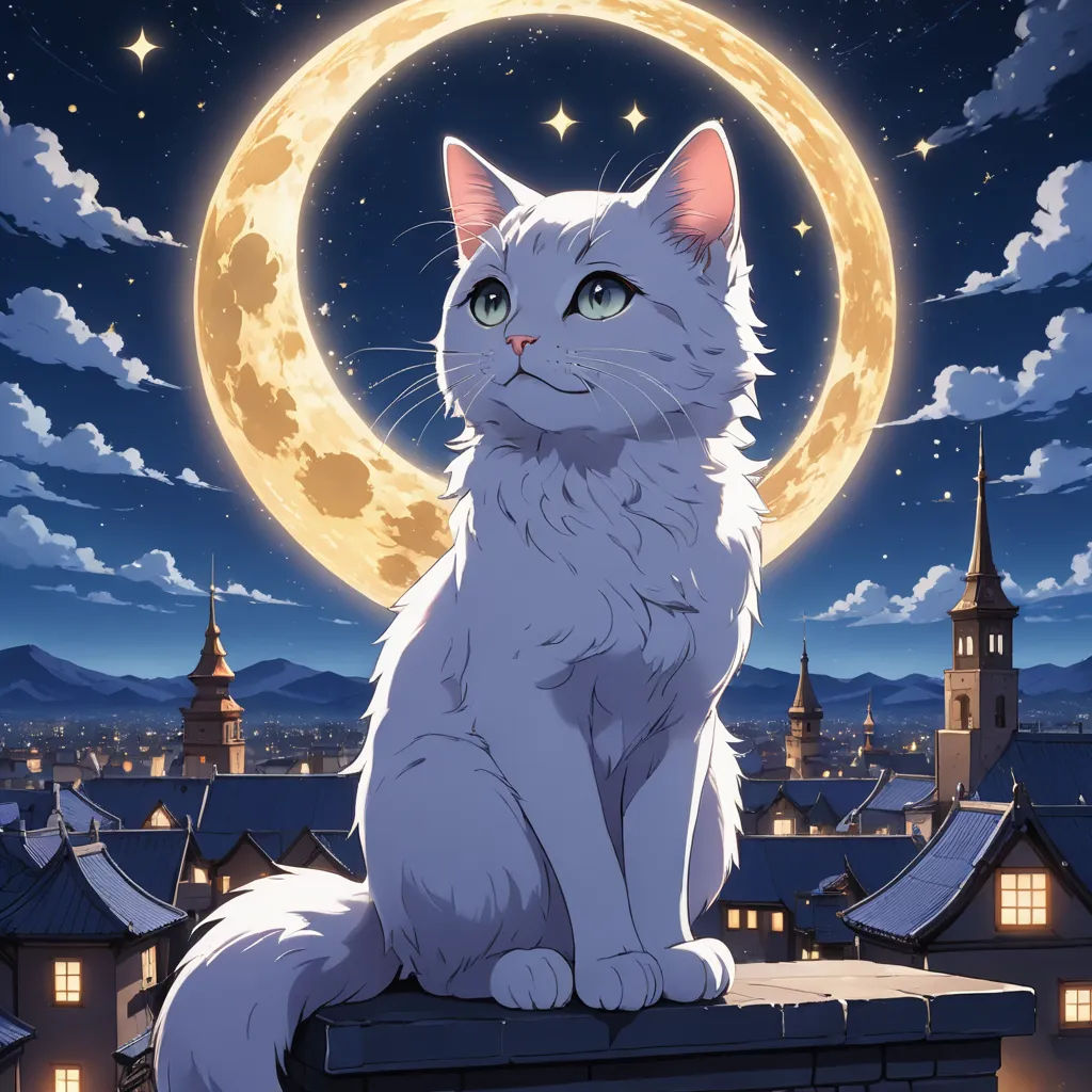 a cat sitting on a roof with a full moon in the background and a cityscape in the foreground, space art, poster art, Cyril Rolando, official art