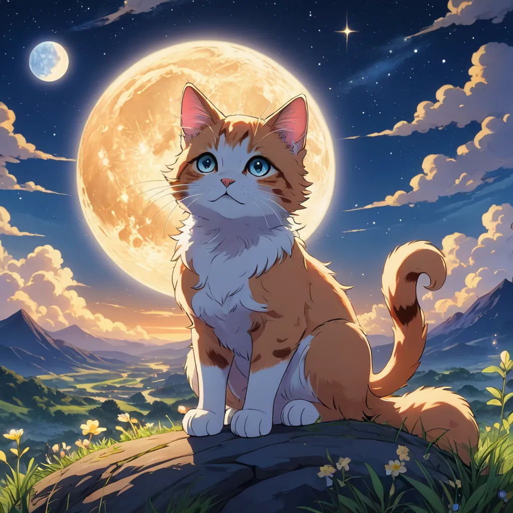a cat sitting on a rock in front of a full moon and stars sky with clouds and stars in the sky, space art, a character portrait, artist, official art