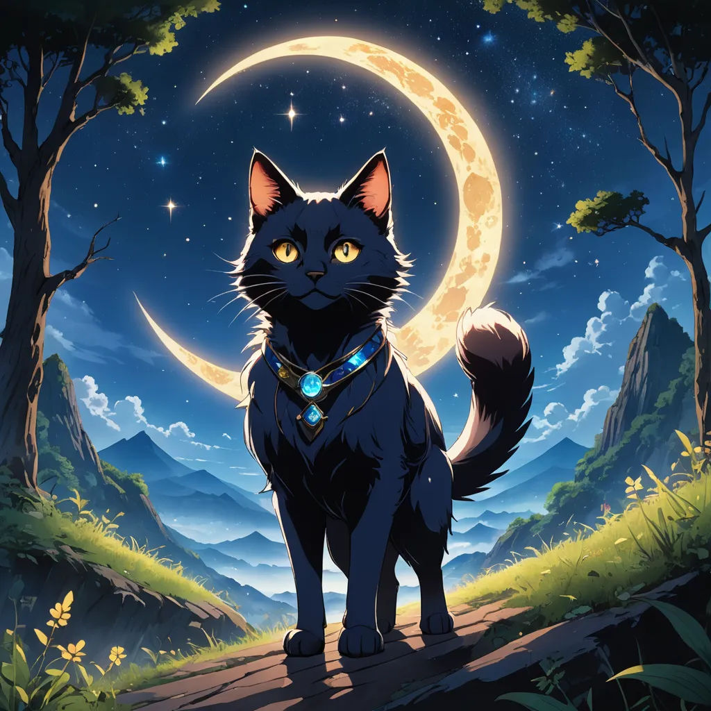 a black cat standing on a path in the woods with a crescent moon in the background and a forest with trees, sots art, an album cover, Dan Mumford, official art