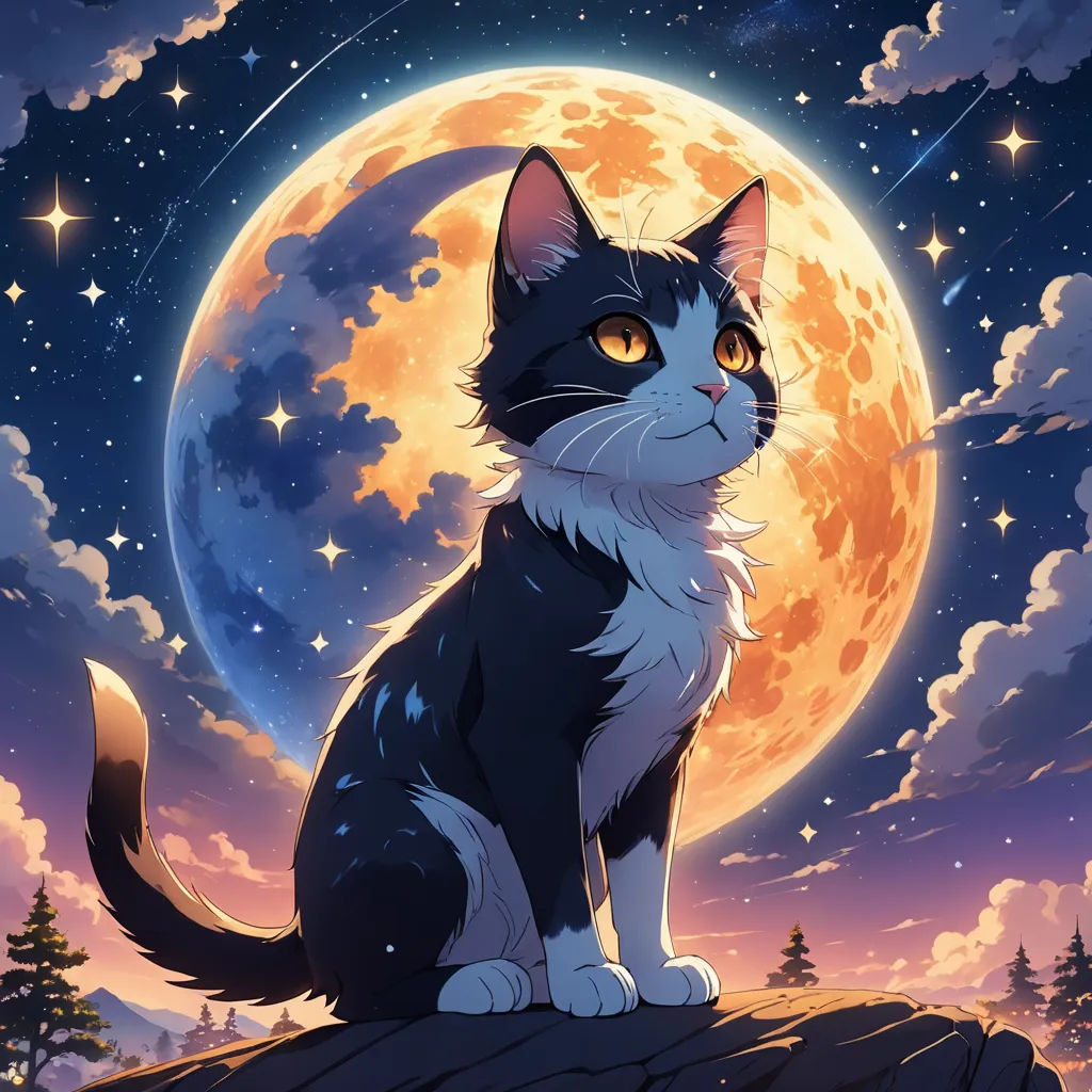 a cat sitting on a rock in front of a full moon and stars sky with clouds and trees in the background, space art, a detailed painting, artist, moon