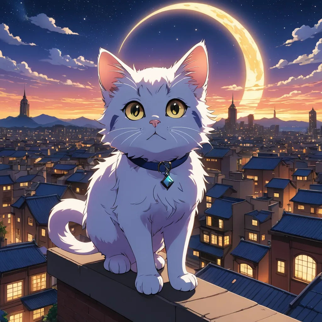 a cat sitting on top of a roof with a moon in the background and a city skyline in the foreground, sots art, a character portrait, Chris LaBrooy, official art