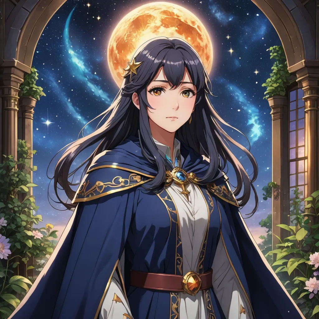 a woman in a blue cape and dress standing in front of a window with a full moon in the background, space art, a character portrait, Anne Said, official art