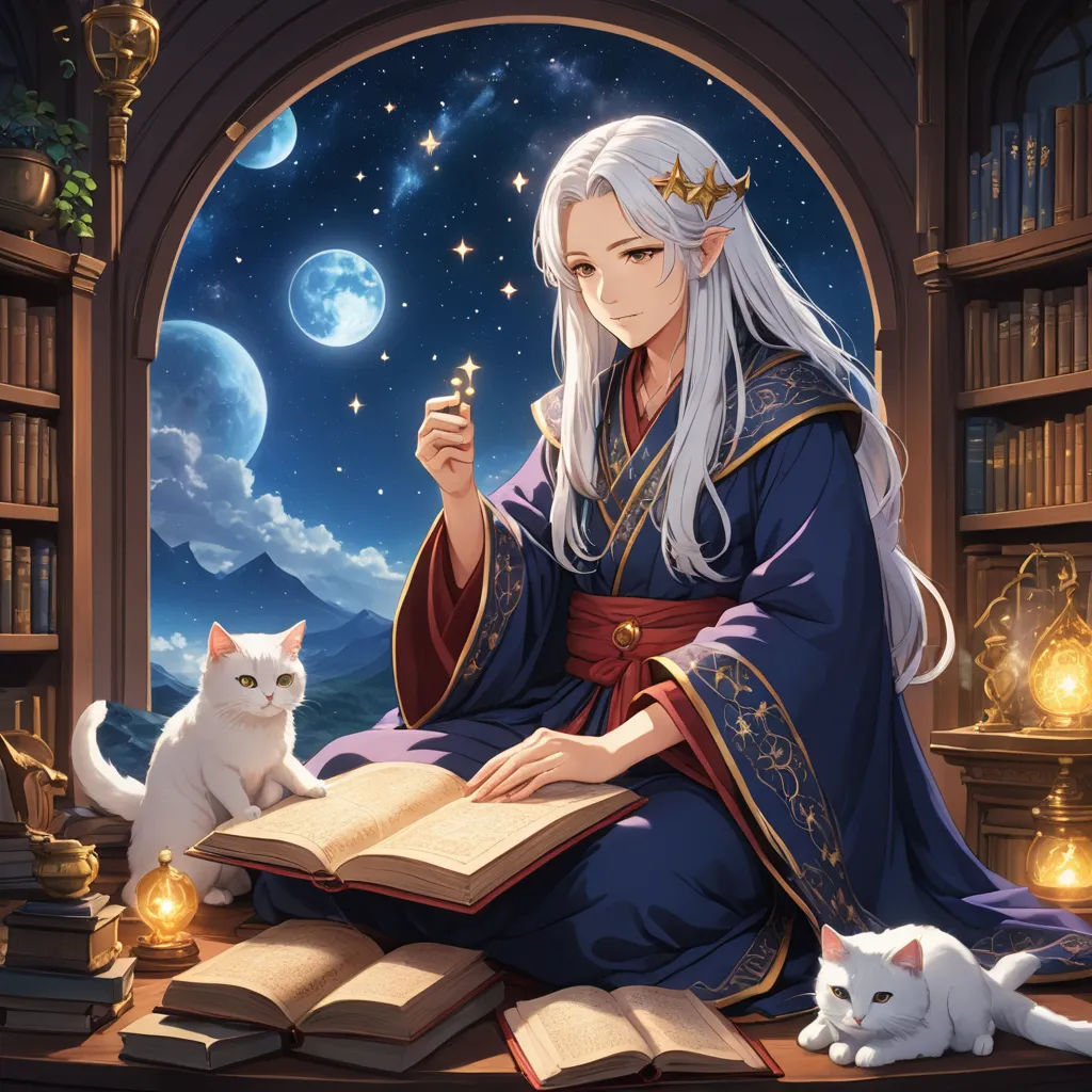 a woman sitting on a book with a cat next to her and a book in front of her, with a full moon behind her, fantasy art, a character portrait, Chen Chun, official art