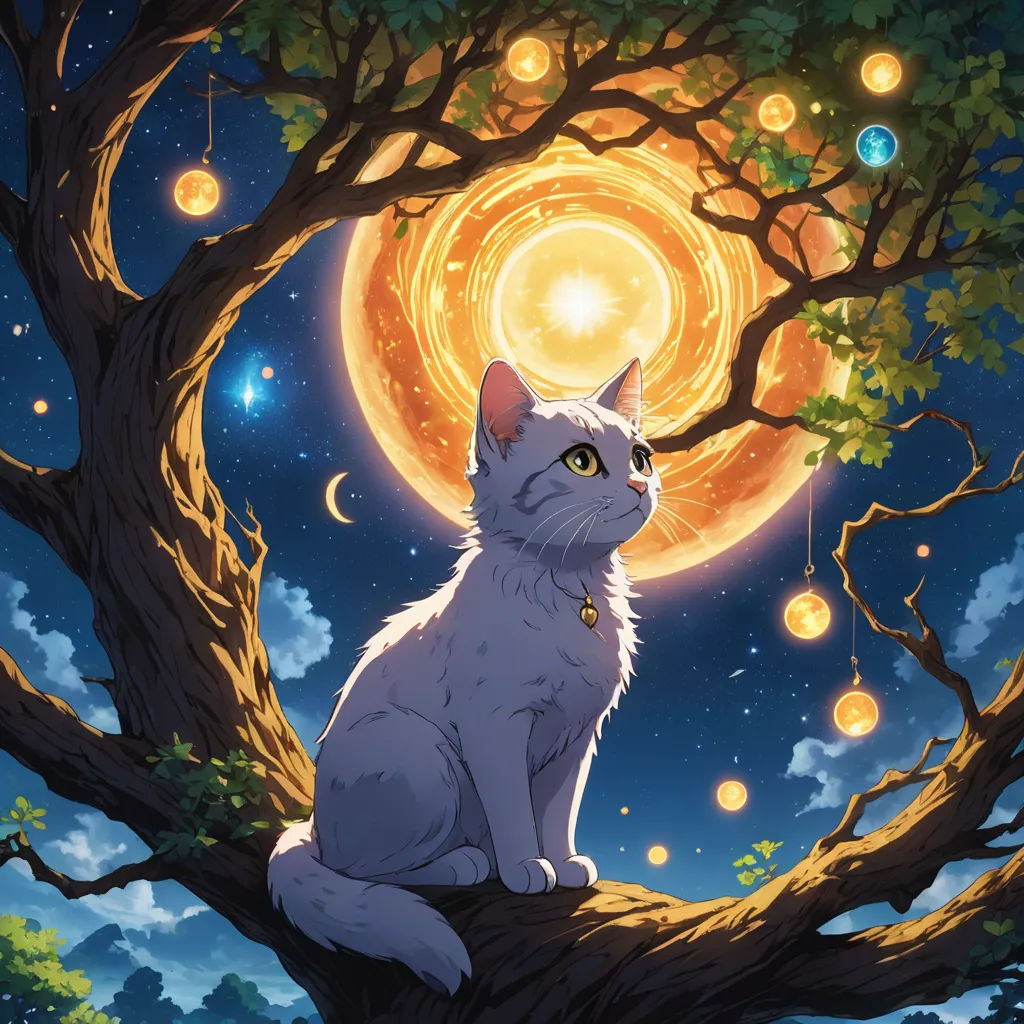 a cat sitting on a tree branch with a full moon in the background and stars in the sky above, fantasy art, a detailed painting, Chris LaBrooy, official art