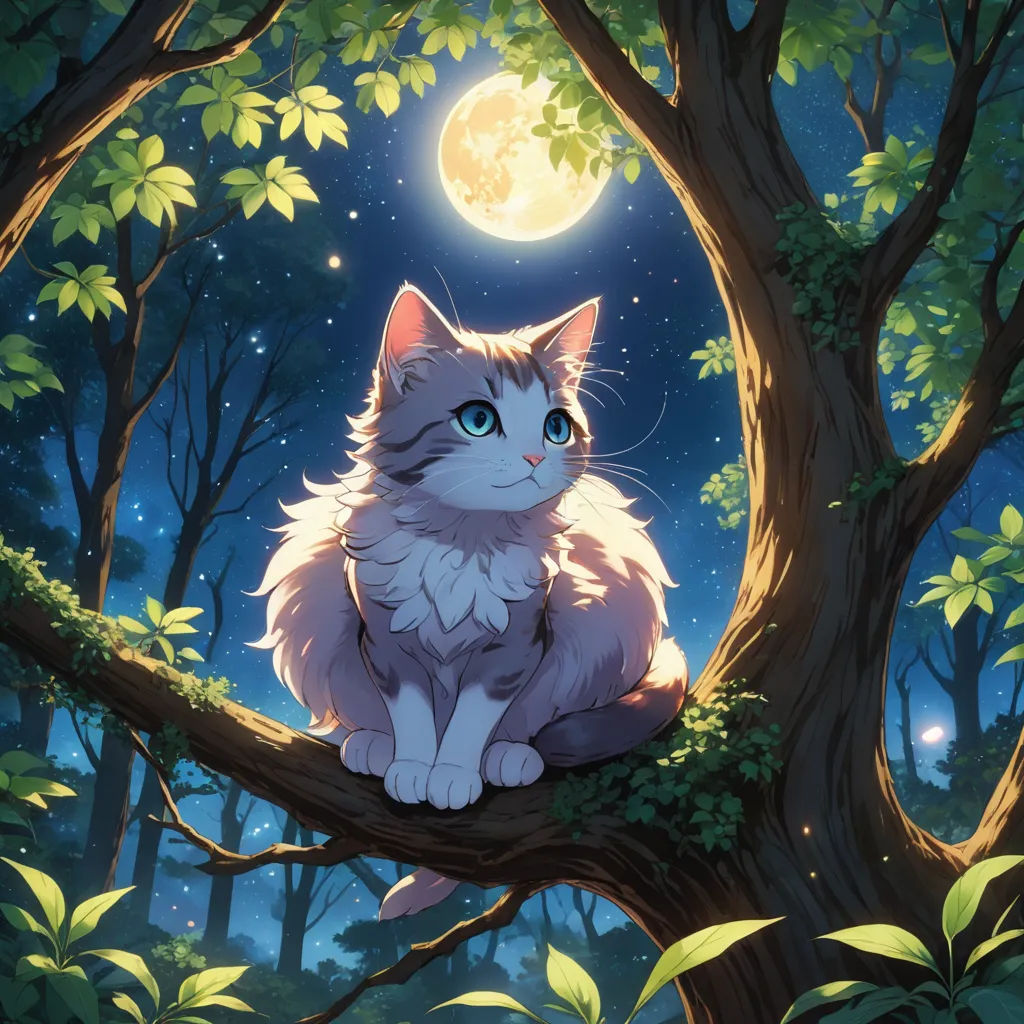 a cat sitting on a tree branch in the night time with a full moon in the background and leaves on the ground, fantasy art, a storybook illustration, Anato Finnstark, official art