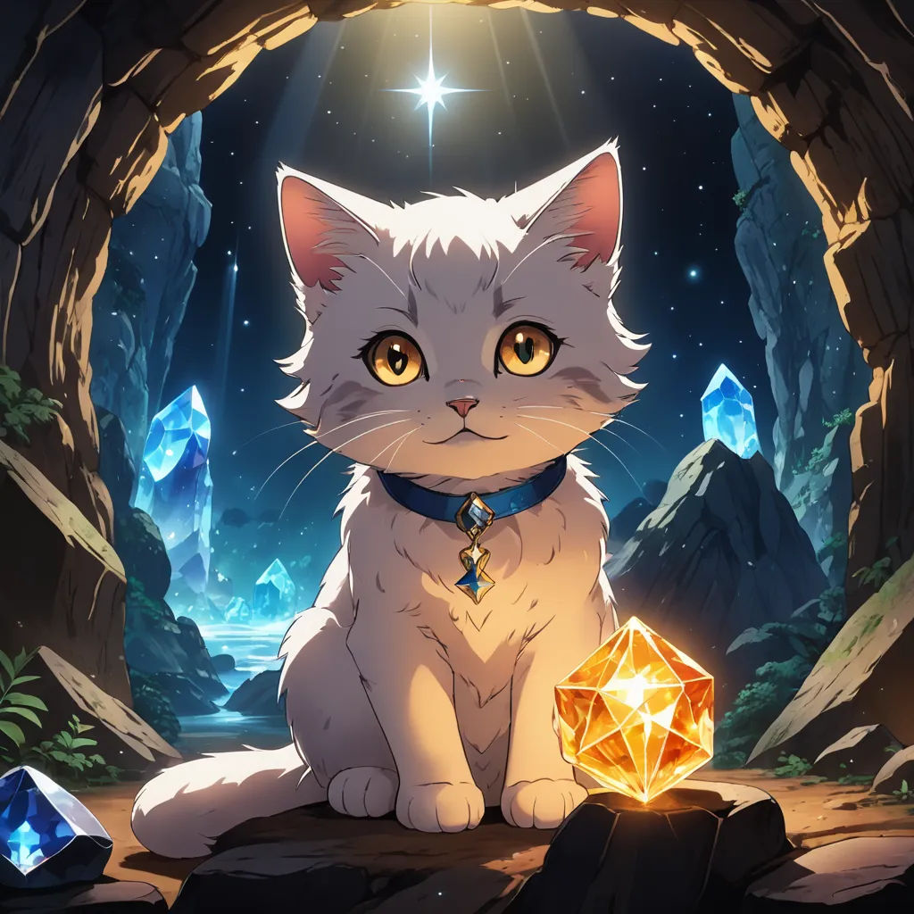 a cat sitting in a cave with a glowing star above it and a glowing diamond in the foreground, sots art, a character portrait, Aya Goda, official art