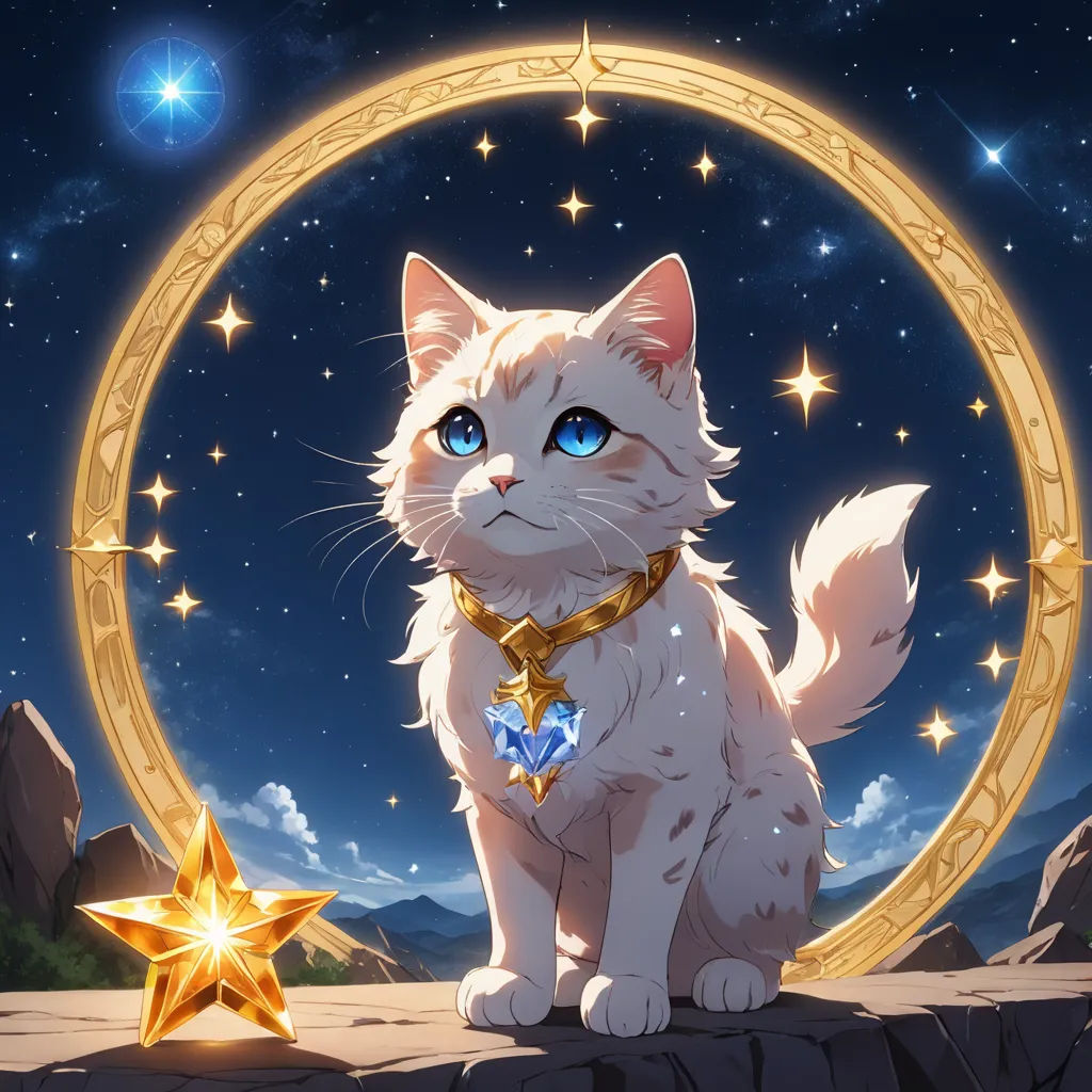 a white cat sitting on a rock with a star around it's neck and a crescent moon in the background, sots art, a character portrait, artist, official art