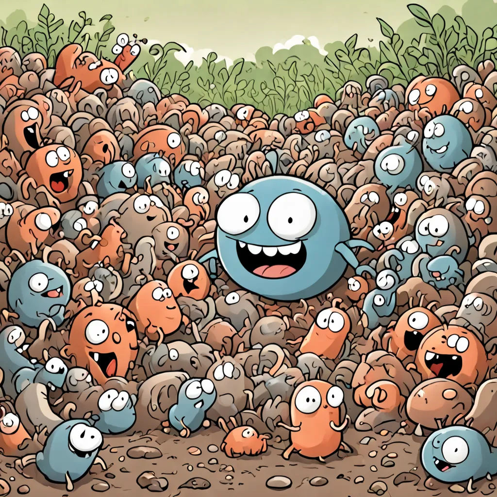 a bunch of cartoon characters are in a field of dirt and grass, with one of them is smiling, underground comix, a microscopic photo, Diego Gisbert Llorens, biopunk