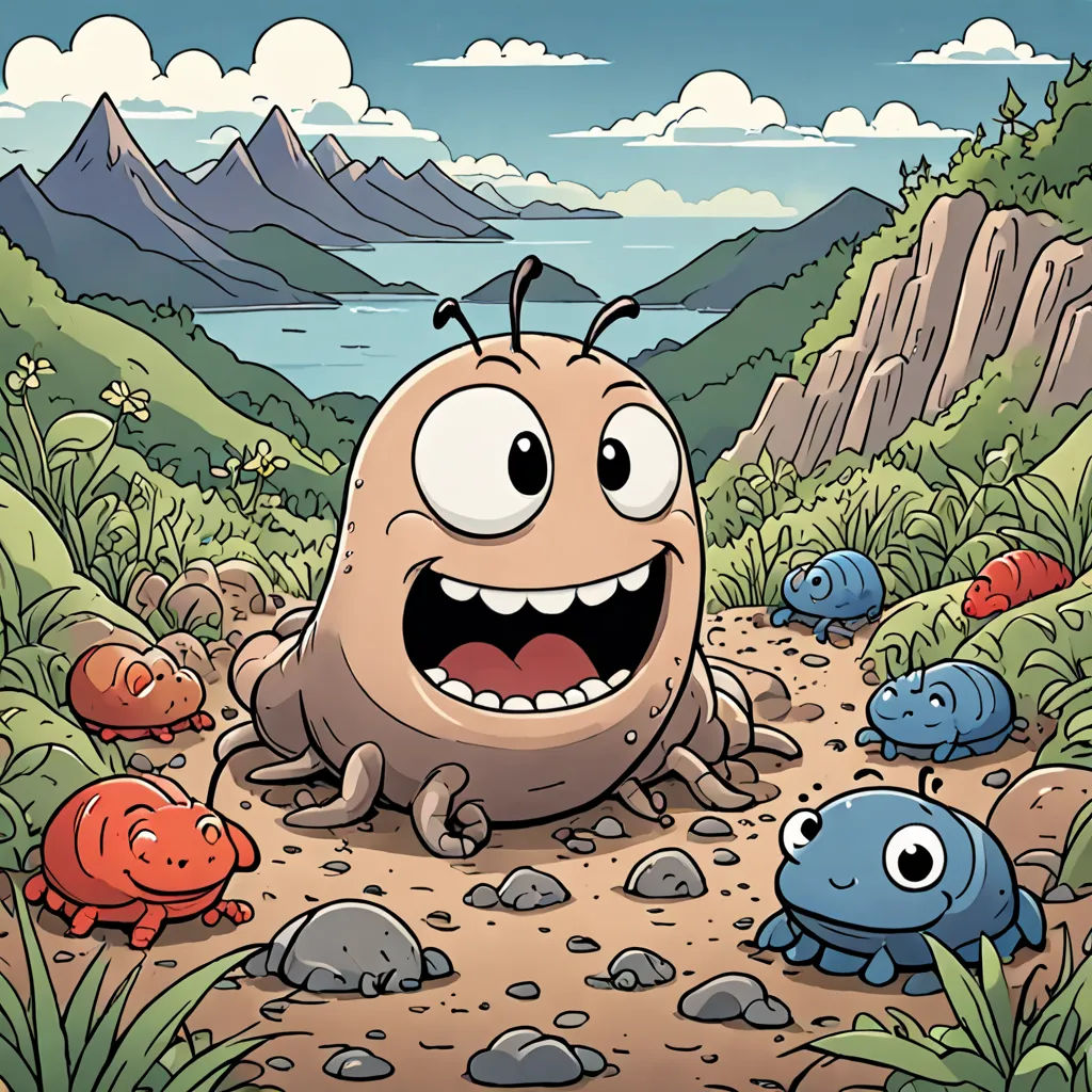 a cartoon character sitting on a dirt road surrounded by other cartoon characters and a mountain range in the background, sots art, a character portrait, Chris LaBrooy, 2 d game art