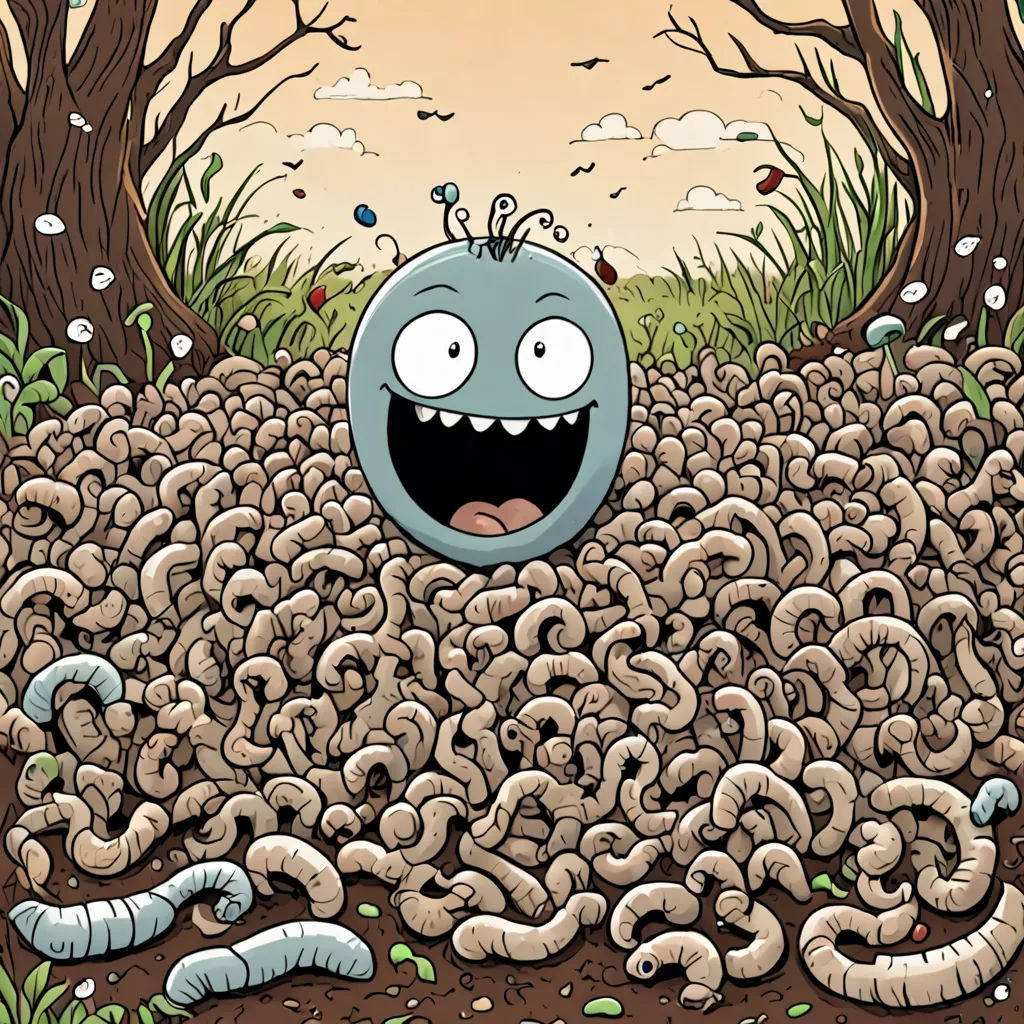 a cartoon of a bug in a pile of worms in a forest with trees and grass in the background, underground comix, a storybook illustration, Chris LaBrooy, biopunk