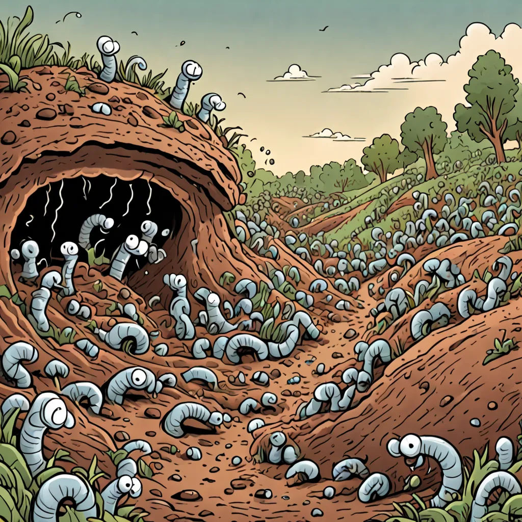 a group of bugs crawling out of a hole in a field of dirt and grass with trees in the background, underground comix, a storybook illustration, Farel Dalrymple, biopunk