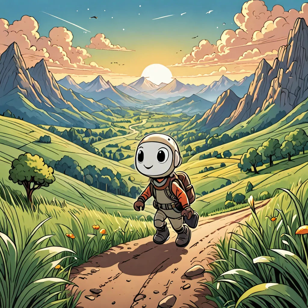 a cartoon of a man with a backpack walking down a dirt road in a mountainous area with mountains and trees, sots art, concept art, Cliff Childs, comic cover art