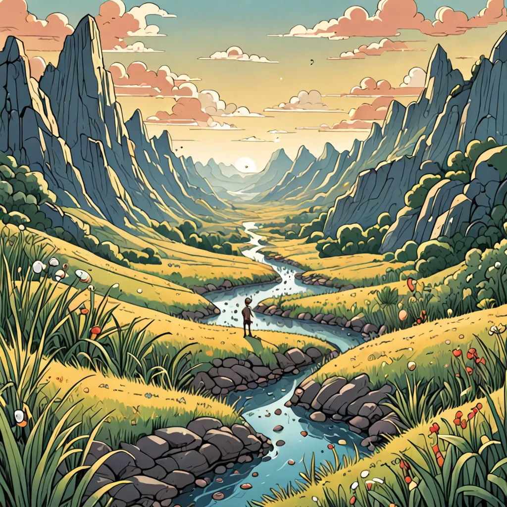 a painting of a man standing in a valley with a stream running through it and mountains in the background, fantasy art, a storybook illustration, Dan Mumford, comic cover art