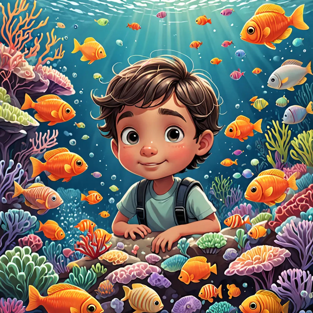 a boy is standing in the middle of a sea with fish and corals on it, looking at the camera, pop surrealism, a storybook illustration, Diego Gisbert Llorens, highly detailed digital painting