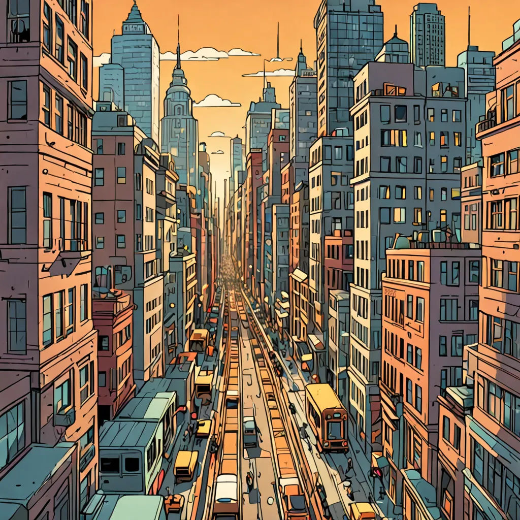 a city street with a train on the tracks and buildings on the sides of the street and a sky line, underground comix, a comic book panel, Asaf Hanuka, laurie greasley